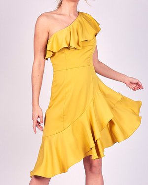 VESTIDO MIDI DE RUCHAS ONE SHOULDER - ILUMINATING YELLOW