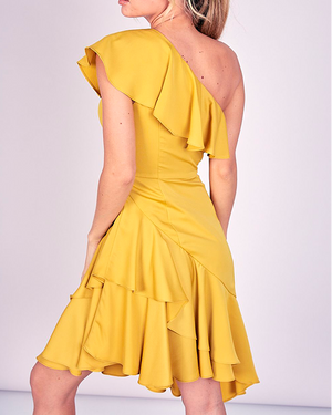 VESTIDO MIDI DE RUCHAS ONE SHOULDER - ILUMINATING YELLOW