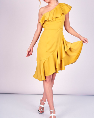 VESTIDO MIDI DE RUCHAS ONE SHOULDER - ILUMINATING YELLOW