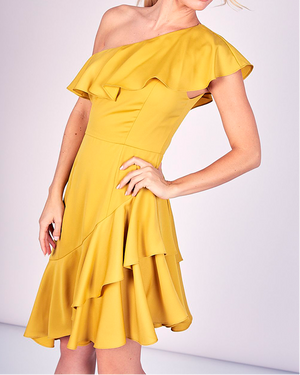 VESTIDO MIDI DE RUCHAS ONE SHOULDER - ILUMINATING YELLOW